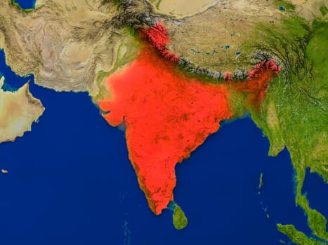 Top-down view of India hightlighted in red as seen from Earth's orbit in space. 3D illustration with highly detailed realistic planet surface. Elements of this image furnished by NASA.