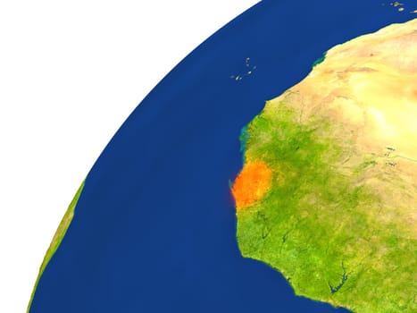 Sierra Leone highlighted in red as seen from Earth's orbit in space. 3D illustration with highly detailed realistic planet surface. Elements of this image furnished by NASA.