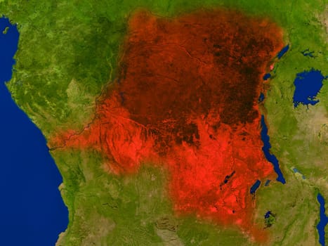 Top-down view of Democratic Republic of Congo hightlighted in red as seen from Earth's orbit in space. 3D illustration with highly detailed realistic planet surface. Elements of this image furnished by NASA.