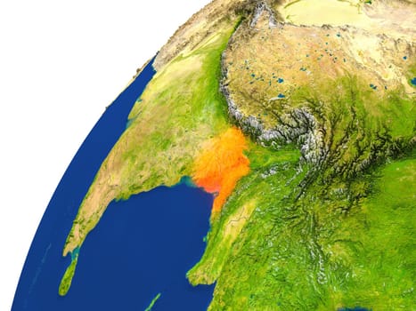 Bangladesh highlighted in red as seen from Earth's orbit in space. 3D illustration with highly detailed realistic planet surface. Elements of this image furnished by NASA.