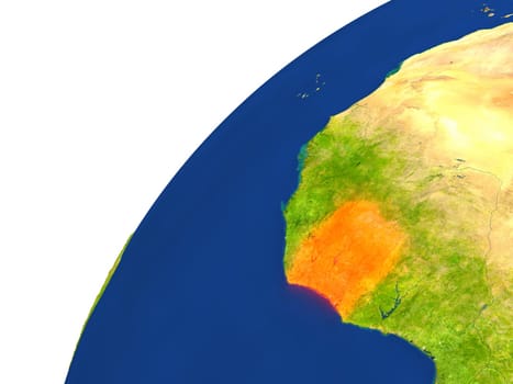 Ivory Coast highlighted in red as seen from Earth's orbit in space. 3D illustration with highly detailed realistic planet surface. Elements of this image furnished by NASA.