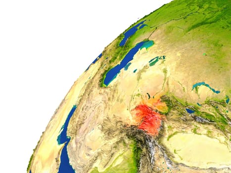 Tajikistan highlighted in red as seen from Earth's orbit in space. 3D illustration with highly detailed realistic planet surface. Elements of this image furnished by NASA.