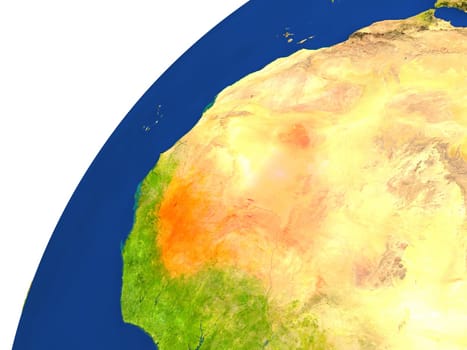 Mali highlighted in red as seen from Earth's orbit in space. 3D illustration with highly detailed realistic planet surface. Elements of this image furnished by NASA.