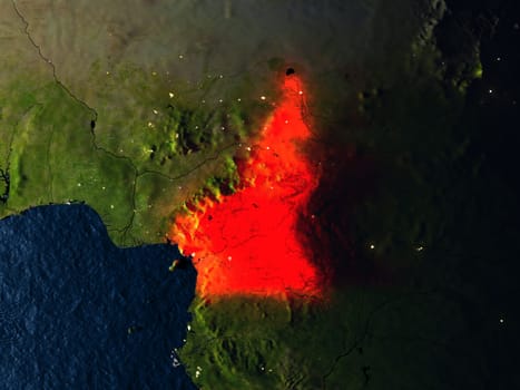 Cameroon in red at night as seen from Earth's orbit in space. 3D illustration with highly detailed realistic planet surface. Elements of this image furnished by NASA.