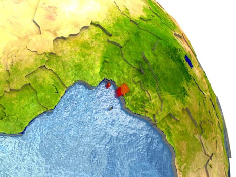 Equatorial Guinea in red with surrounding region. 3D illustration with highly detailed realistic planet surface. Elements of this image furnished by NASA.