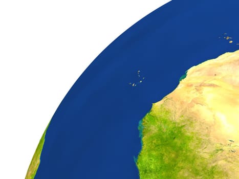 Gambia highlighted in red as seen from Earth's orbit in space. 3D illustration with highly detailed realistic planet surface. Elements of this image furnished by NASA.
