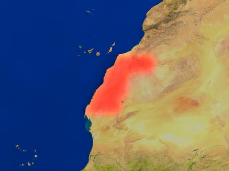 Top-down view of Western Sahara hightlighted in red as seen from Earth's orbit in space. 3D illustration with highly detailed realistic planet surface. Elements of this image furnished by NASA.