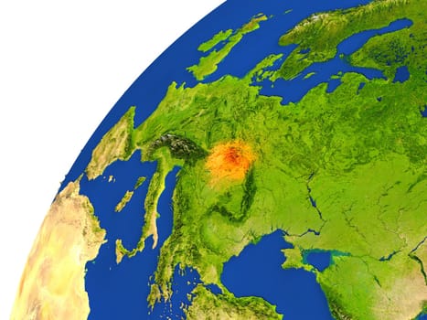 Slovakia highlighted in red as seen from Earth's orbit in space. 3D illustration with highly detailed realistic planet surface. Elements of this image furnished by NASA.