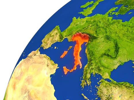 Italy highlighted in red as seen from Earth's orbit in space. 3D illustration with highly detailed realistic planet surface. Elements of this image furnished by NASA.