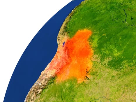 Bolivia highlighted in red as seen from Earth's orbit in space. 3D illustration with highly detailed realistic planet surface. Elements of this image furnished by NASA.