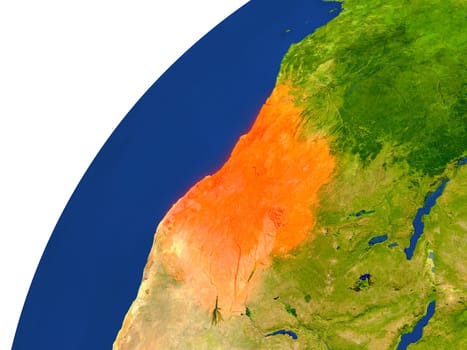 Angola highlighted in red as seen from Earth's orbit in space. 3D illustration with highly detailed realistic planet surface. Elements of this image furnished by NASA.