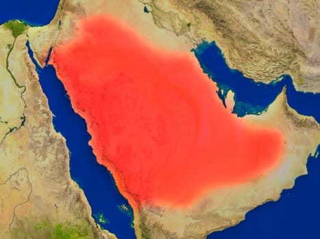 Top-down view of Saudi Arabia hightlighted in red as seen from Earth's orbit in space. 3D illustration with highly detailed realistic planet surface. Elements of this image furnished by NASA.