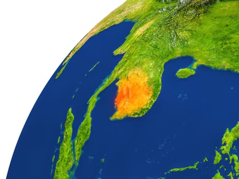 Cambodia highlighted in red as seen from Earth's orbit in space. 3D illustration with highly detailed realistic planet surface. Elements of this image furnished by NASA.