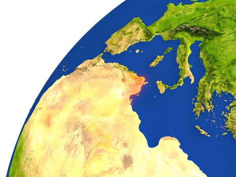 Tunisia highlighted in red as seen from Earth's orbit in space. 3D illustration with highly detailed realistic planet surface. Elements of this image furnished by NASA.