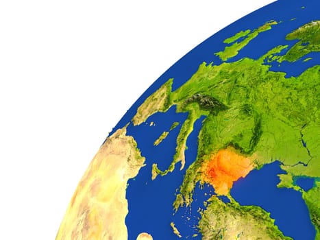Bulgaria highlighted in red as seen from Earth's orbit in space. 3D illustration with highly detailed realistic planet surface. Elements of this image furnished by NASA.