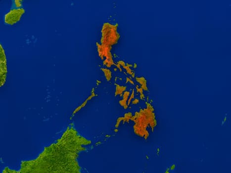 Top-down view of Philippines hightlighted in red as seen from Earth's orbit in space. 3D illustration with highly detailed realistic planet surface. Elements of this image furnished by NASA.