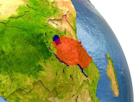 Tanzania in red with surrounding region. 3D illustration with highly detailed realistic planet surface. Elements of this image furnished by NASA.
