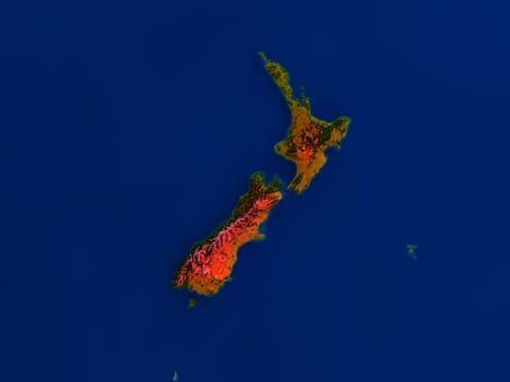 Top-down view of New Zealand hightlighted in red as seen from Earth's orbit in space. 3D illustration with highly detailed realistic planet surface. Elements of this image furnished by NASA.