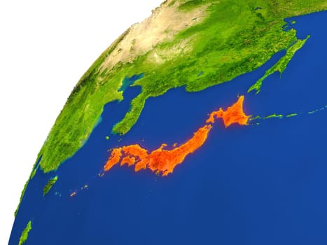 Japan highlighted in red as seen from Earth's orbit in space. 3D illustration with highly detailed realistic planet surface. Elements of this image furnished by NASA.