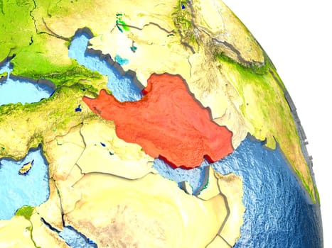 Iran in red with surrounding region. 3D illustration with highly detailed realistic planet surface. Elements of this image furnished by NASA.