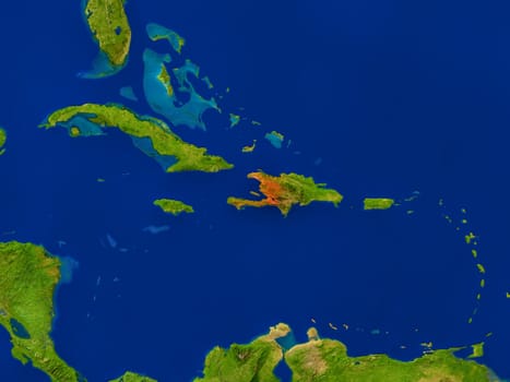 Top-down view of Haiti hightlighted in red as seen from Earth's orbit in space. 3D illustration with highly detailed realistic planet surface. Elements of this image furnished by NASA.