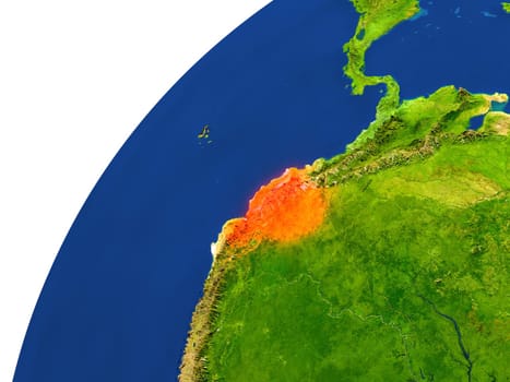 Ecuador highlighted in red as seen from Earth's orbit in space. 3D illustration with highly detailed realistic planet surface. Elements of this image furnished by NASA.