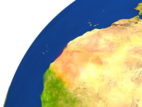 Mauritania highlighted in red as seen from Earth's orbit in space. 3D illustration with highly detailed realistic planet surface. Elements of this image furnished by NASA.
