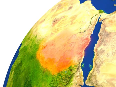 Sudan highlighted in red as seen from Earth's orbit in space. 3D illustration with highly detailed realistic planet surface. Elements of this image furnished by NASA.