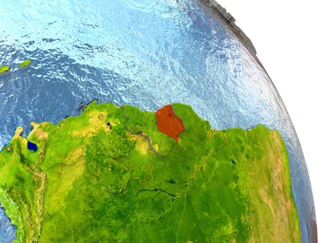 Suriname in red with surrounding region. 3D illustration with highly detailed realistic planet surface. Elements of this image furnished by NASA.