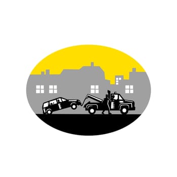 Illustration of car being towed away with passengers inside while man tries to stop tow truck driver with buildings in background set inside oval shape done in retro woodcut style.