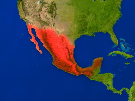 Top-down view of Mexico hightlighted in red as seen from Earth's orbit in space. 3D illustration with highly detailed realistic planet surface. Elements of this image furnished by NASA.