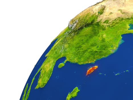 Taiwan highlighted in red as seen from Earth's orbit in space. 3D illustration with highly detailed realistic planet surface. Elements of this image furnished by NASA.