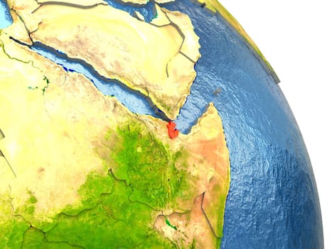 Djibouti in red with surrounding region. 3D illustration with highly detailed realistic planet surface. Elements of this image furnished by NASA.