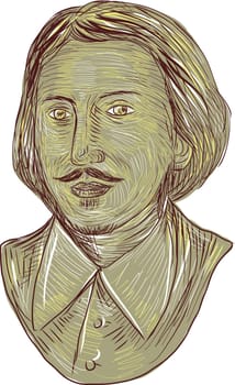 Drawing sketch style illustration of Christopher Marlowe, also known as Kit Marlowe, an English playwright, poet and translator of the Elizabethan era bust viewed from front set on isolated white background.