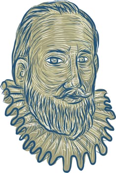 Drawing sketch style illustrationm of bust of Sir Walter Raleigh, an English landed gentleman, writer, poet, soldier, politician, courtier, spy and explorer bust viewed from front set on isolated white background.