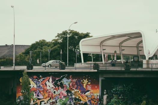 Mainz,Germany - September 23,2016: The covered bus station in Mainz Kastel at the Theodor-Heuss-Brücke with colorful graffiti on September 23,2013 in Mainz.