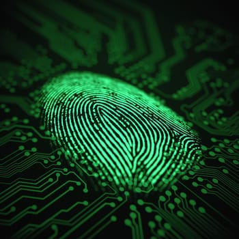 3D illustration. Fingerprint integrated in a printed circuit.
