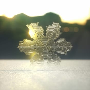 3D illustration of a snowflake over white surface, with sunset in the background.