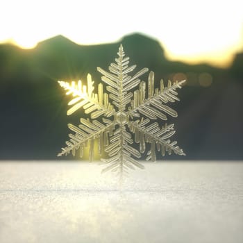 3D illustration of a snowflake over white surface, with sunset in the background.