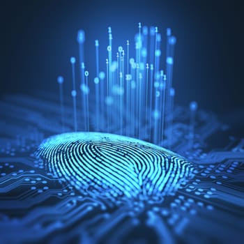 3D illustration. Fingerprint integrated in a printed circuit, releasing binary codes.