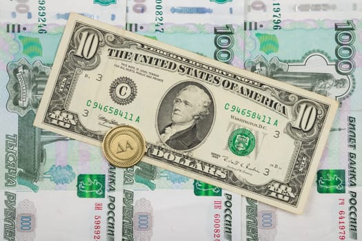 On thousandth of Russian rubles denominations is $ 10 and the coin with "YES"" sign"