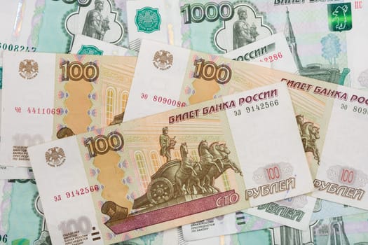 Background of scattered banknotes - Russian ruble different denominations