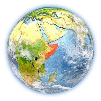 Somalia highlighted in red on planet Earth. 3D illustration isolated on white background. Elements of this image furnished by NASA.