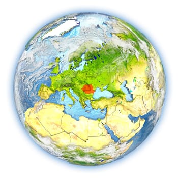 Romania highlighted in red on planet Earth. 3D illustration isolated on white background. Elements of this image furnished by NASA.
