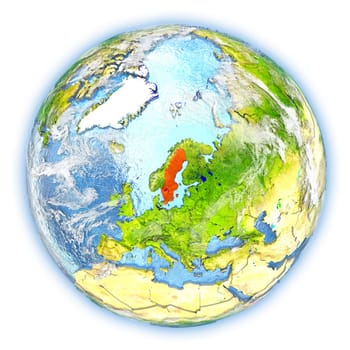 Sweden highlighted in red on planet Earth. 3D illustration isolated on white background. Elements of this image furnished by NASA.