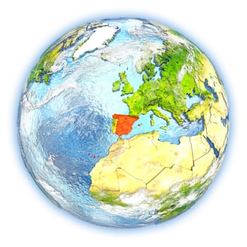 Spain highlighted in red on planet Earth. 3D illustration isolated on white background. Elements of this image furnished by NASA.