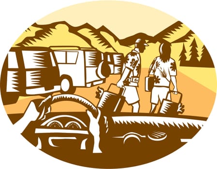 Illustration showing hands on steering wheel looking out of car windshield, with man and woman, wearing Hawaiian shirts, pulling suitcases at a parking lot full of cars at the base a mountain set inside oval shape done in retro woodcut style.