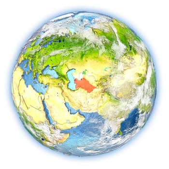 Turkmenistan highlighted in red on planet Earth. 3D illustration isolated on white background. Elements of this image furnished by NASA.