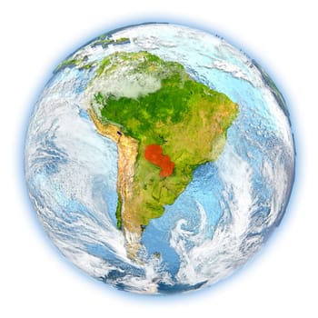 Paraguay highlighted in red on planet Earth. 3D illustration isolated on white background. Elements of this image furnished by NASA.
