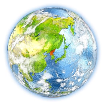 North Korea highlighted in red on planet Earth. 3D illustration isolated on white background. Elements of this image furnished by NASA.